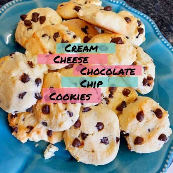 A plate full of Cream Cheese Choc Chip Cookies