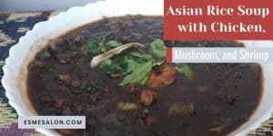Asian rice soup with chicken, mushrooms and shrimp
