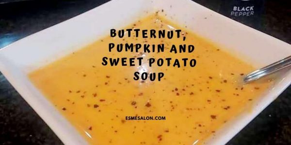 Butternut Pumpkin and Sweet Potato Soup in a white square plate