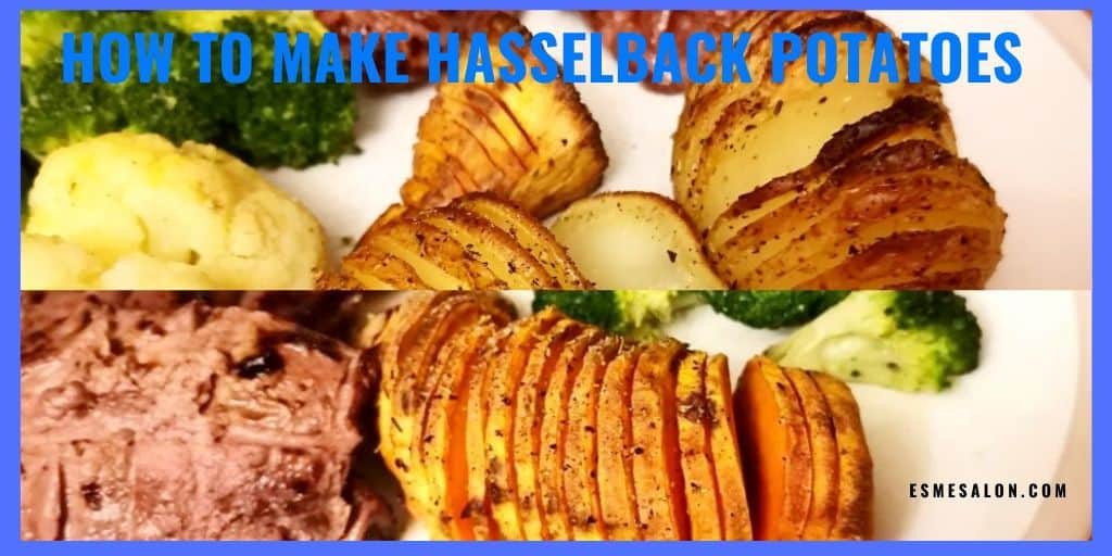 Hasselback Potatoes and Sweet Potatoes with brussels and some meat on the side