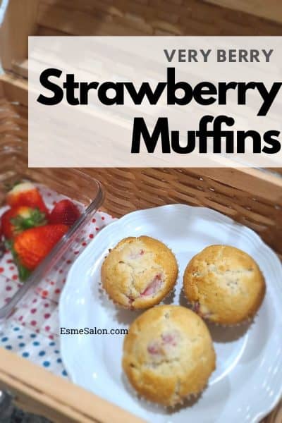 Strawberry Muffins on a white side plate and strawberries in a glass dish