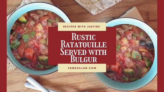 Rustic Ratatouille Served with Bulgur in blueish serving bowl