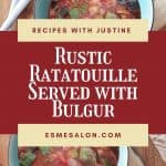 Rustic Ratatouille in blueish bowls with serving spoons