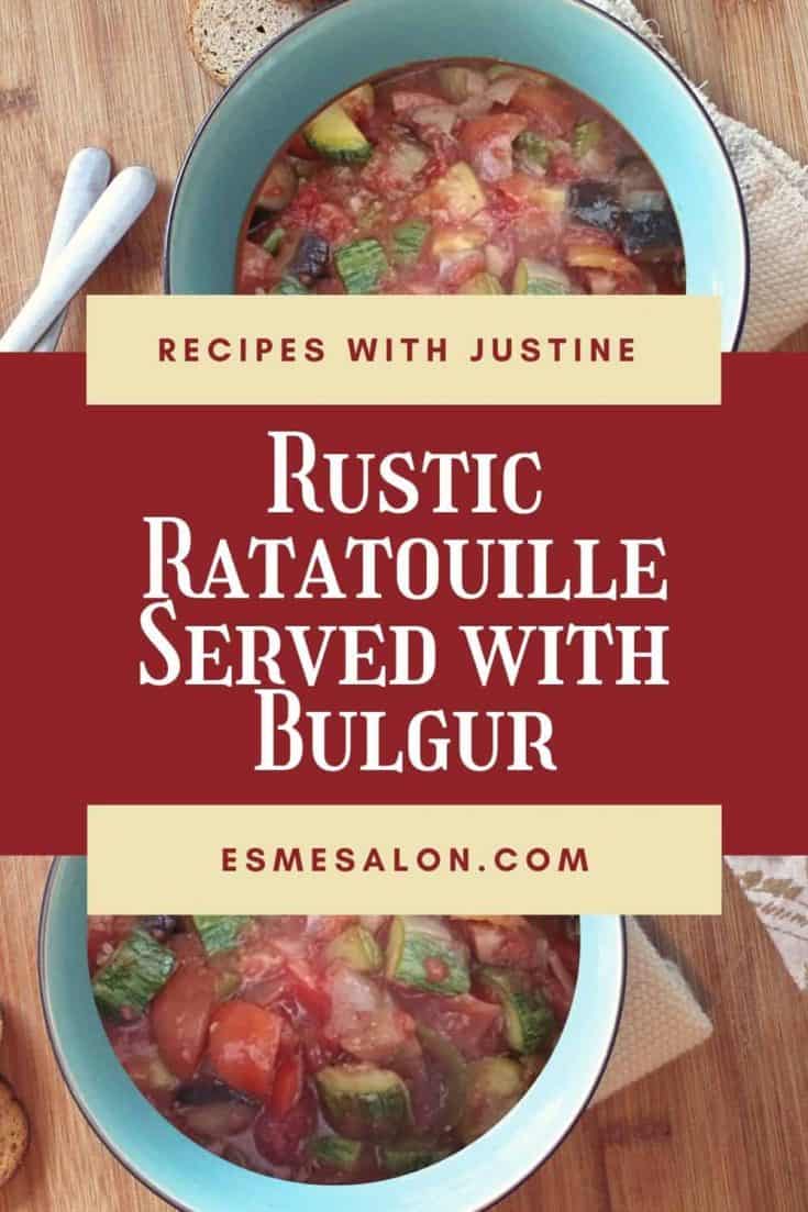 Rustic Ratatouille in blueish bowls with serving spoons