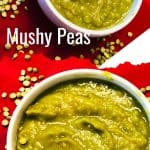 A white bowl with green mushy peas on a red napkin with dried split peas on the side