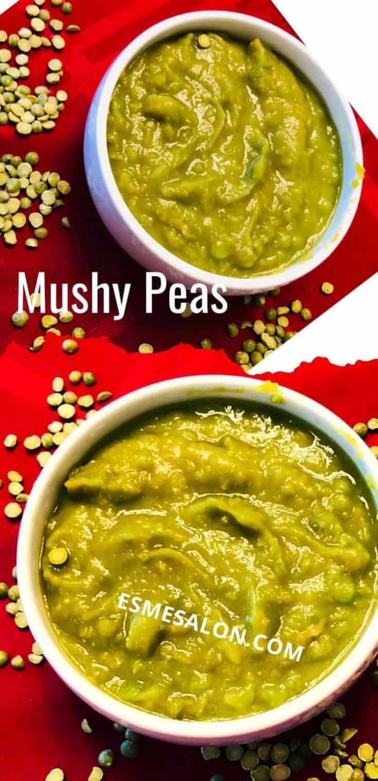 A white bowl with green mushy peas on a red napkin with dried split peas on the side