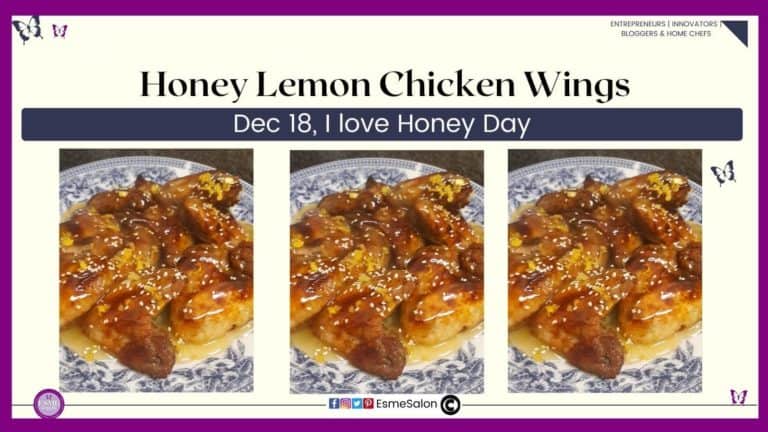 an image of a blue delft plate with Honey Lemon Chicken Wings with sesame seeds and lemon rind