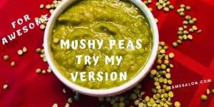 A white bowl with green mushy peas on a red napkin with dried split peas on the side