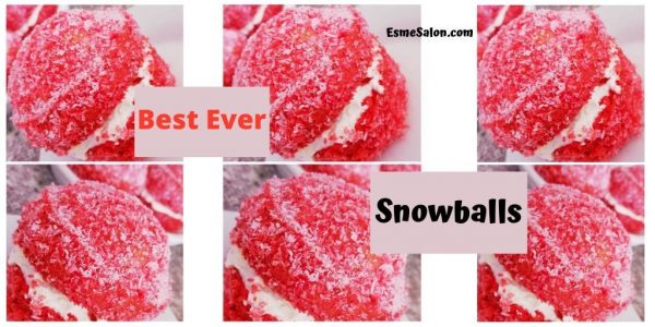 Red snowball cookies, two of them pasted together with a white cream filling
