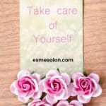 Take care of Yourself in pink on a hanging tag with 5 pink roses at the bottom