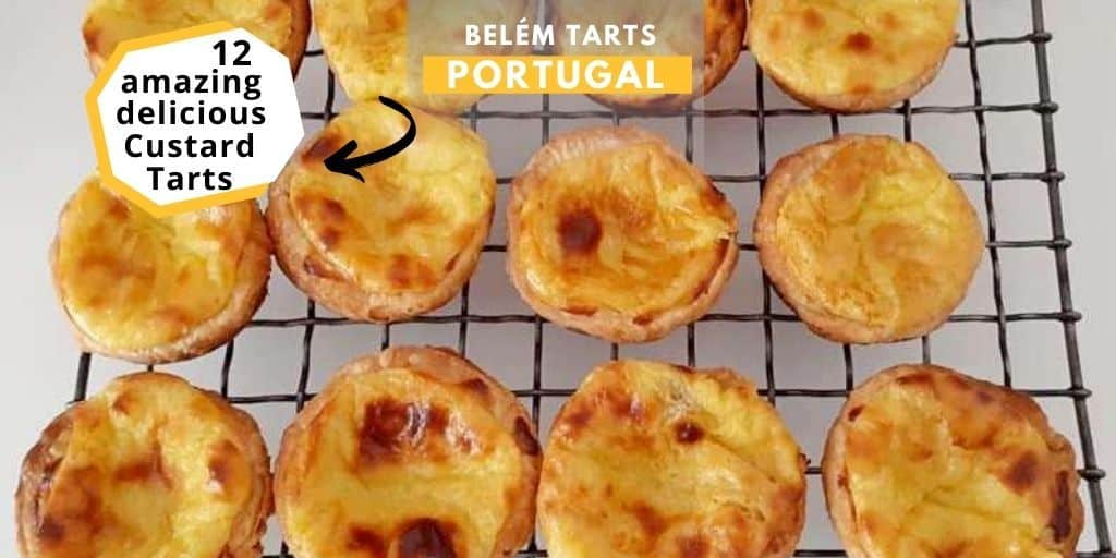 12 Portugal Belem tarts (Milky filling on a crust) on cooling rack
