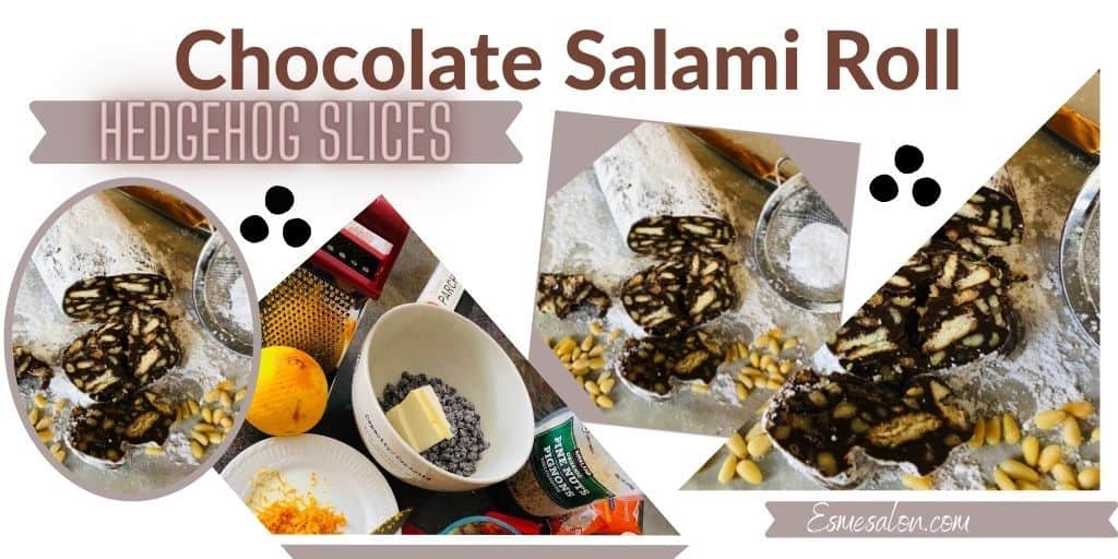 Chocolate Salami Roll with cookies, pine nuts, orange peel, chocolate chips