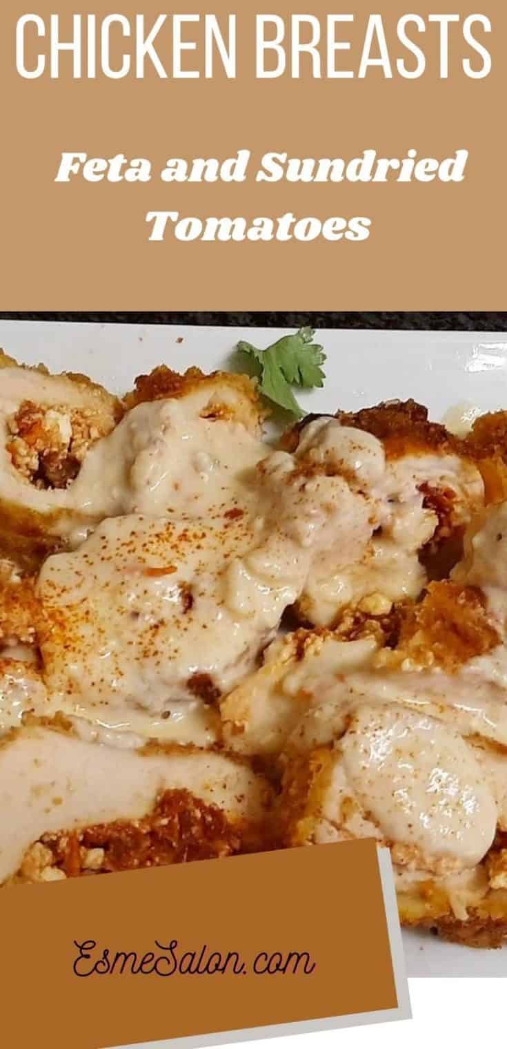 Chicken Breasts with Feta and sun-dried tomatoes and cream sauce served in a white platter
