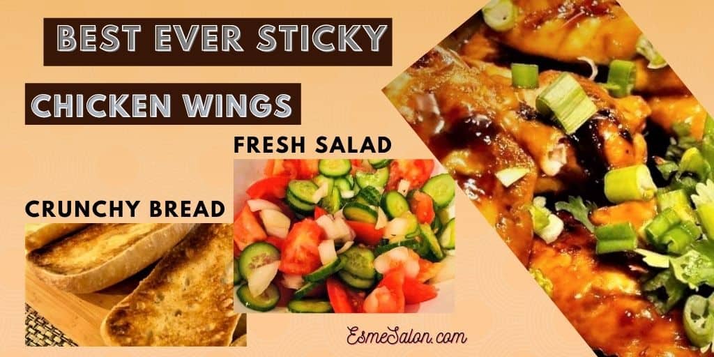 Sticky Chicken Wings with baguette slices and tomato and onion salad