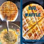 Egg waffle ingredients in glass bowl, and cooked waffle in black waffle maker