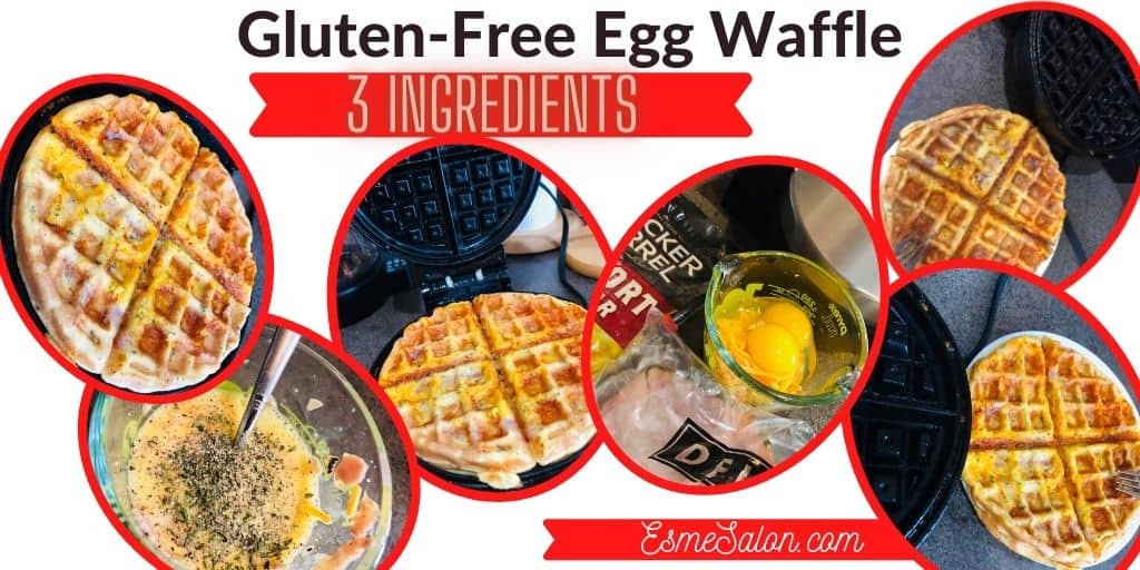 Egg Waffle in waffle maker, ingredients in glass bowl