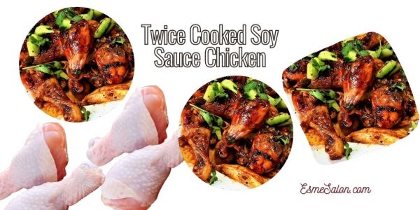 chicken drumsticks cooked in a dark sweet soy sauce and served with spring onions and salad