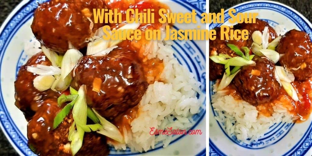 Asian meatballs with Chili Sauce served on a blue and white plate with rice and spring onions