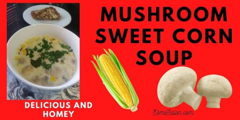 mushroom sweet corn soup served in a white soup bowl with a slice of bread
