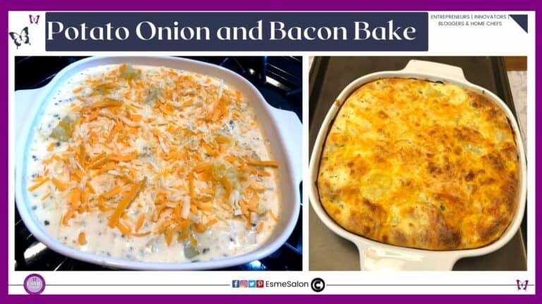 an image of a white dish with a Potato Onion and Bacon Bake all done and ready to be dished up as well as one still raw to be backed