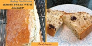 Raisin bread cooling on wire rack and one slice on plate spread with utter