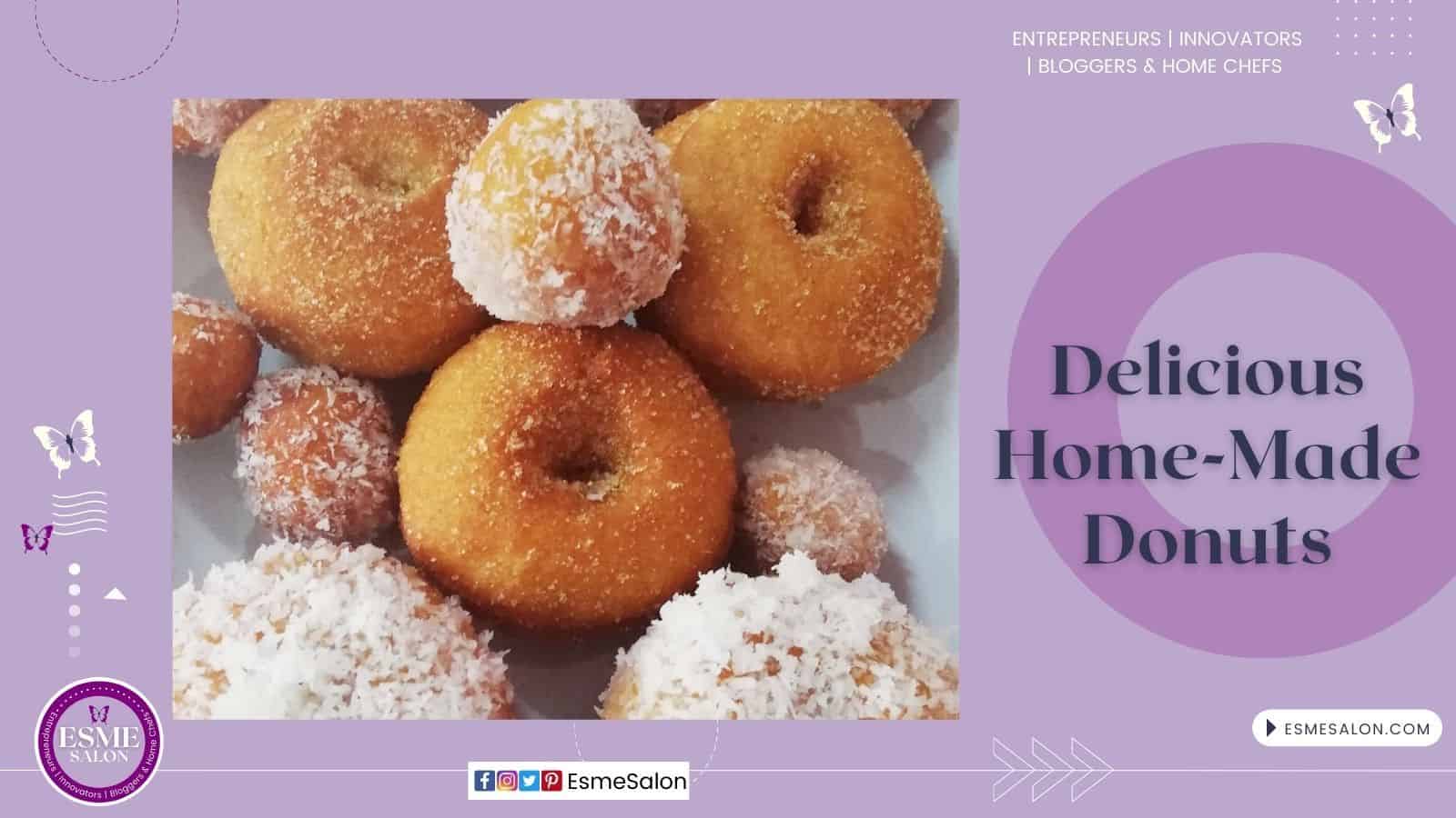 An image with numerous Delicious Home-Made Donuts rings and buttons and some covered in coconut