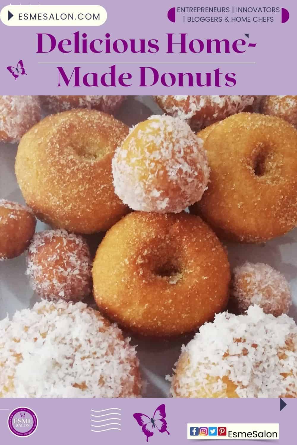 An image with numerous Delicious Home-Made Donuts rings and buttons and some covered in coconut