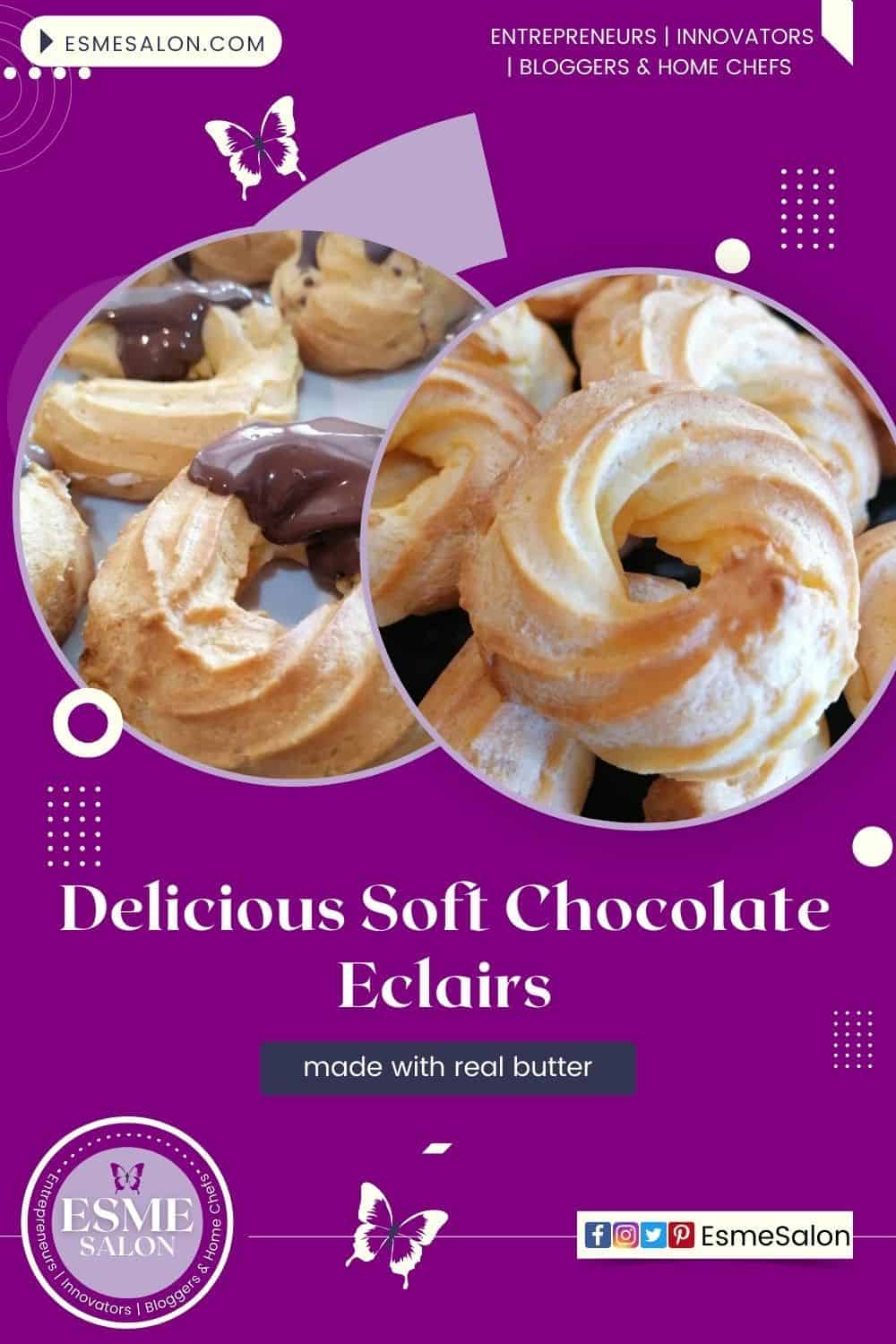 An image of Delicious Soft Chocolate Eclairs some dipped in chocolate and others just plain