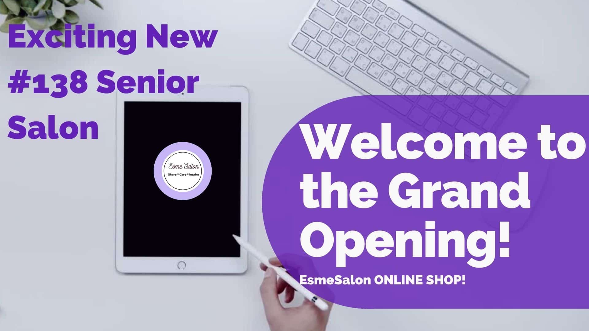 white keyboard and iPad with black screen and purple sign to welcome all to grand opening of online shop
