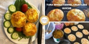Tuna Whole Kernel Crustless Quiche in black muffin pan on a bed of spinach, sliced cucumbers and baby tomatoes