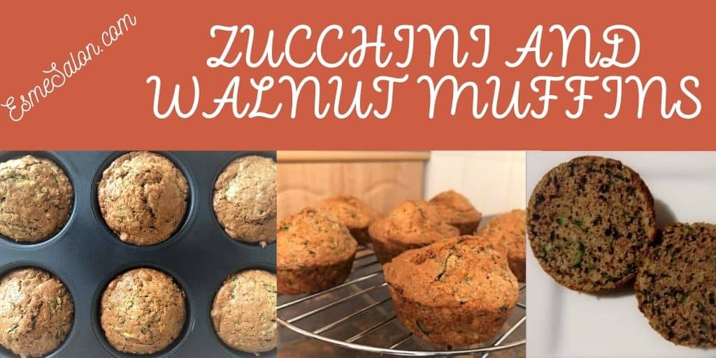 Zucchini walnut muffins in black baking tray and some on wire cooking rack
