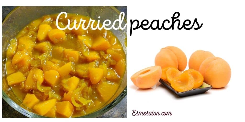 Curried peaches with onions and curry sauce in a glass bowl