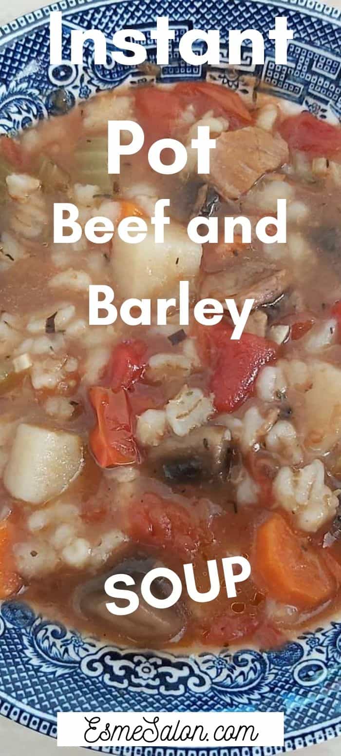 Beef and Barley Soup with carrots, potatoes in a blue bowl