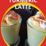 Golden Milk Turmeric Latte in a glass mug with fresh cream and a sprinkling of cinnamon.