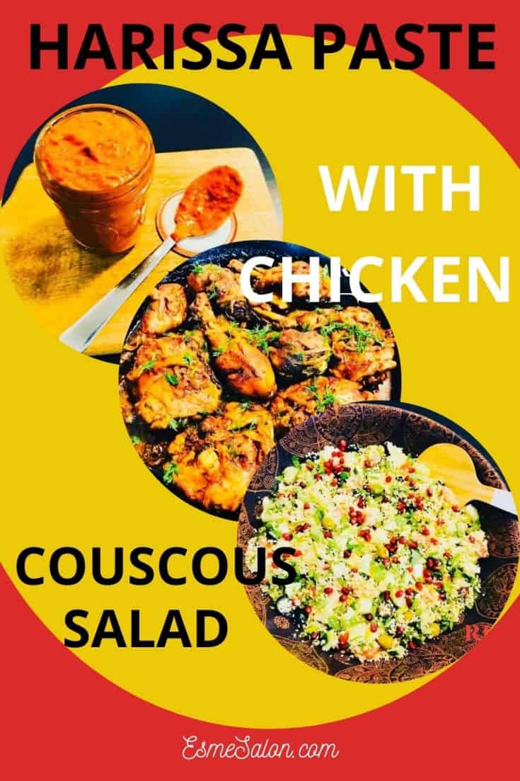 Chicken pieces and harissa paste with a couscous salad on the side