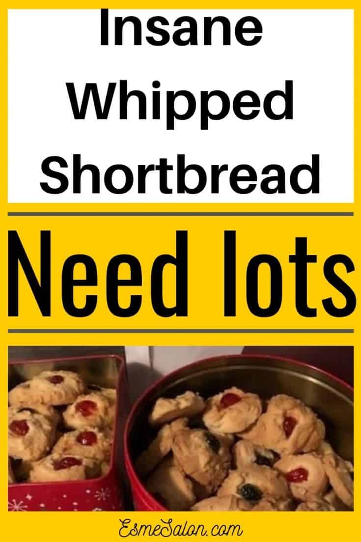 Whipped Shortbread in red Christmas tins with red and green cherries in the center