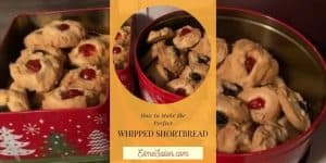 Whipped Shortbread in red Christmas tins with red and green cherries in the center