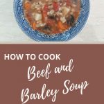 Beef and Barley Soup with carrots, potatoes in a blue bowl