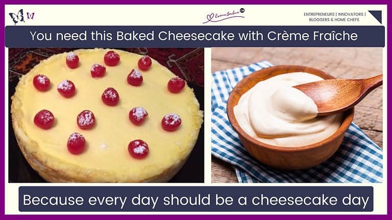 an image of a Baked Cheesecake with Crème Fraîche (sour cream) with red raspberries and dusted with icing sugar