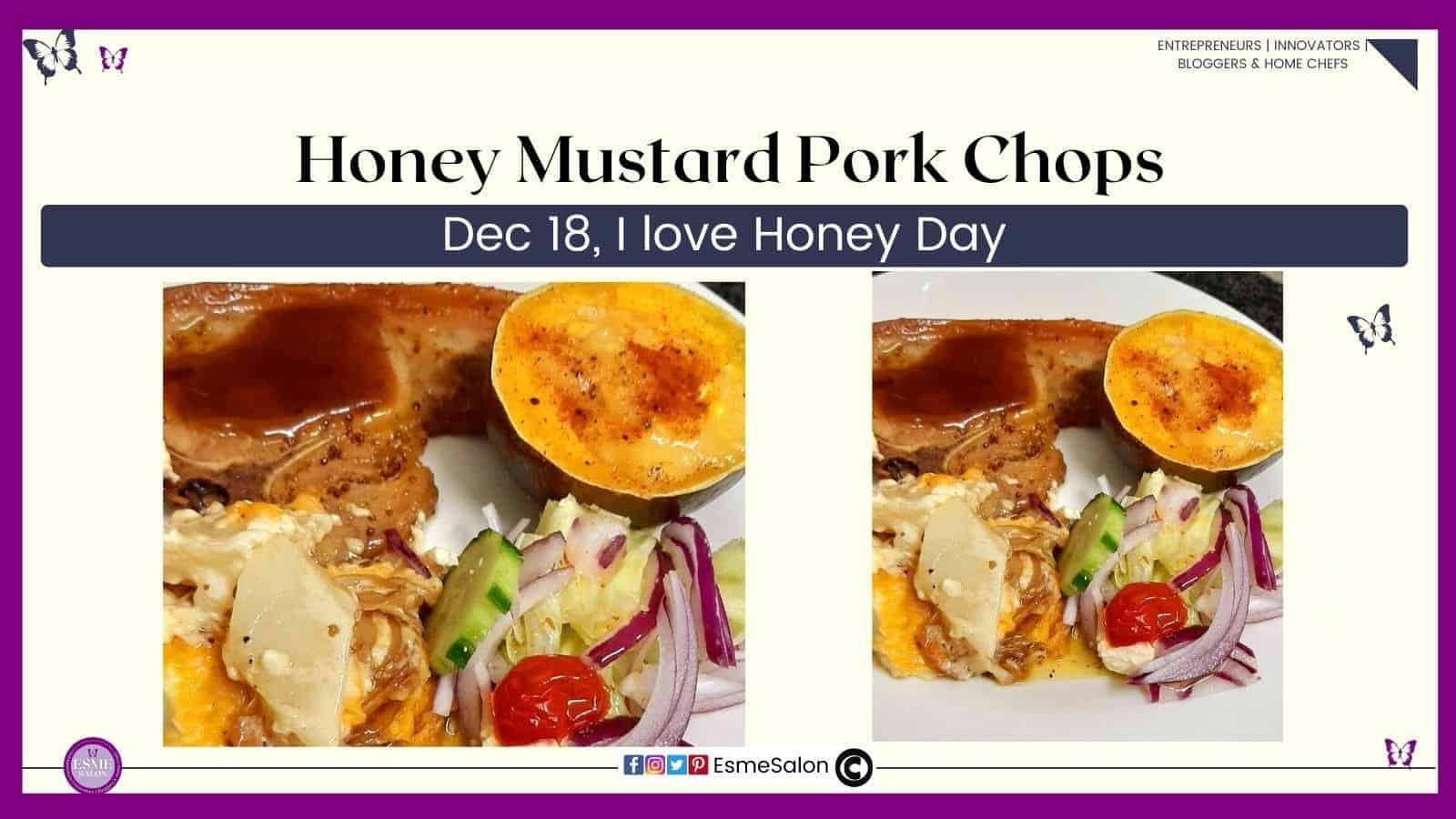 an image of Honey Mustard Pork Chops served with gem squash, potato and fresh salad