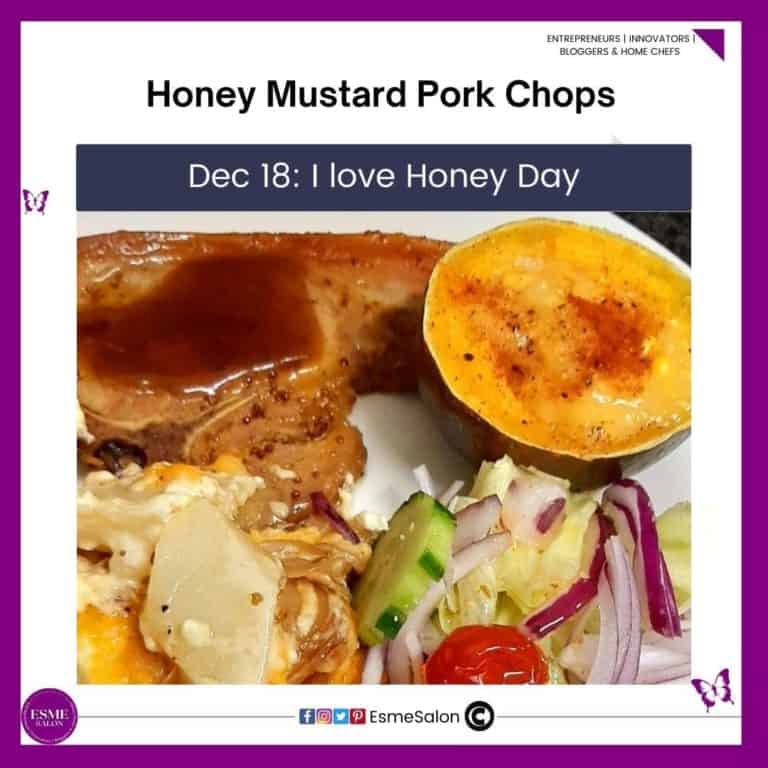 an image of Honey Mustard Pork Chops served with gem squash, potato and fresh salad