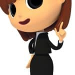 lady caricature with brown hair, black dress and black shoes