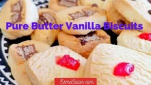 Pure Butter Vanilla Biscuits made is semi squares with chocolate and cherry toppings