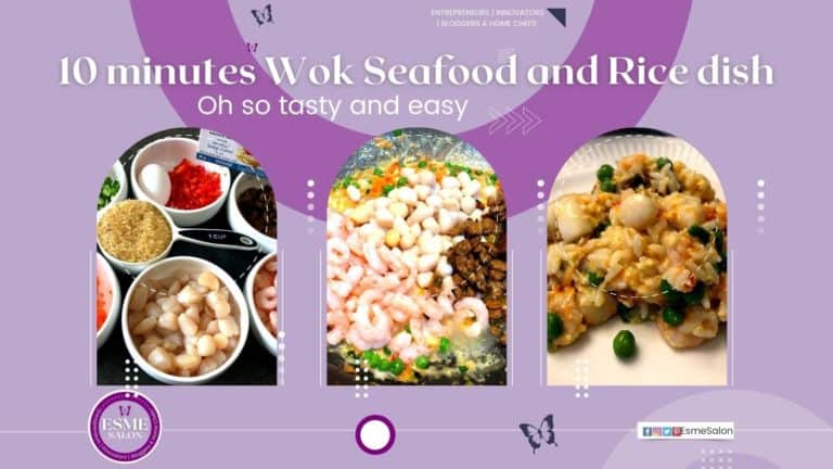 Seafood paella meal, first image bowls with egg, raw rice, scallions, shrimps. Second image, mixture of all ingredients in the wok, and third image, plated meal with green peas