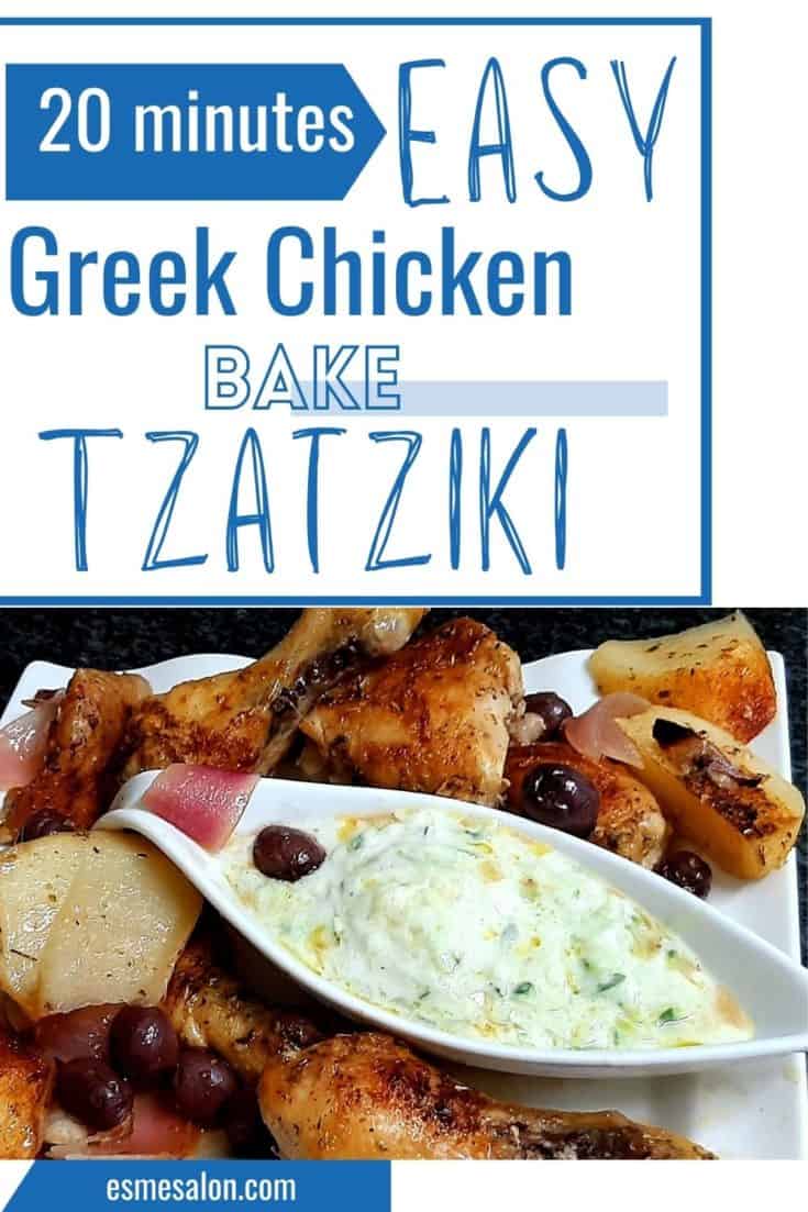 White platter with chicken pieces, olives, potato and Tzatziki
