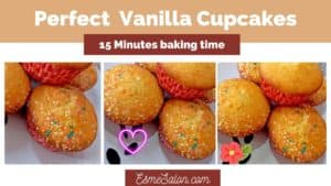 Vanilla Cupcakes in red cupcake holders with colored sprinkles