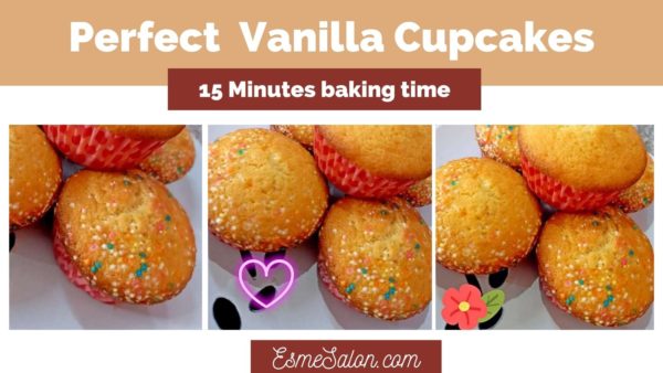 Vanilla Cupcakes in red cupcake holders with colored sprinkles