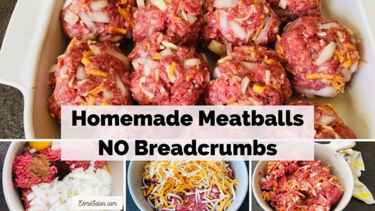 Raw meatballs in a white serving dish with onion and grated cheese and bottom left all ingredients in bowl prior to mixing