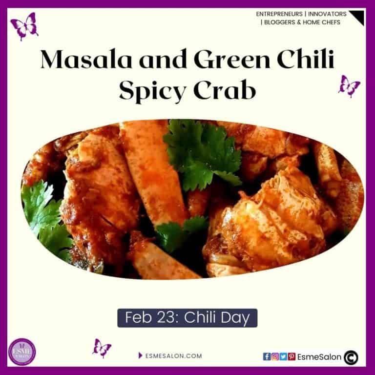 an image of Masala and Green Chili Spicy Crab legs and pieces on a white plate