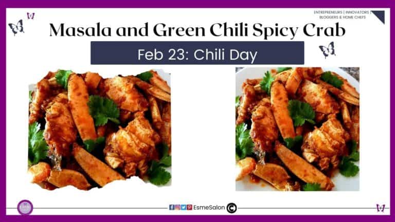 an image of Masala and Green Chili Spicy Crab legs and pieces on a white plate